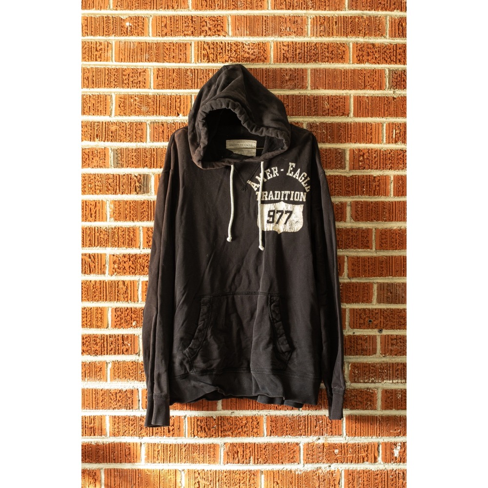 American Eagle Outfitters Mens XXL Black Graphic Pullover Hoodie Athletic Fit